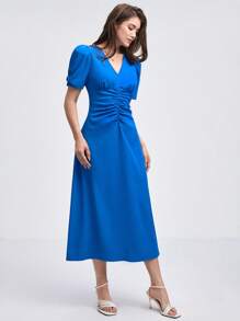 BizChic 素色前收褶泡泡袖洋裝工作服 - 寶藍色 - 查看 6