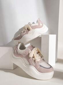 女士撞色繫帶休閒運動板鞋適用於戶外 - 粉色 - 查看 1