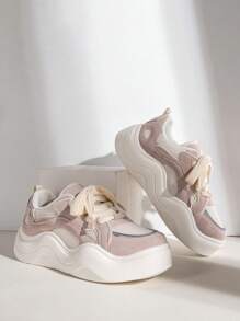 女士撞色繫帶休閒運動板鞋適用於戶外 - 粉色 - 查看 2