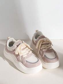 女士撞色繫帶休閒運動板鞋適用於戶外 - 粉色 - 查看 4