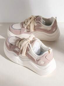 女士撞色繫帶休閒運動板鞋適用於戶外 - 粉色 - 查看 5