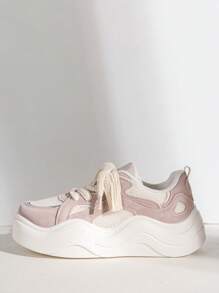 女士撞色繫帶休閒運動板鞋適用於戶外 - 粉色 - 查看 6