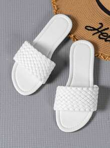 女士編織細節平底度假白色涼拖 - 白色 - 查看 1