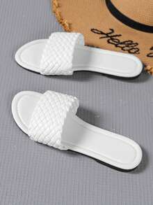 女士編織細節平底度假白色涼拖 - 白色 - 查看 5
