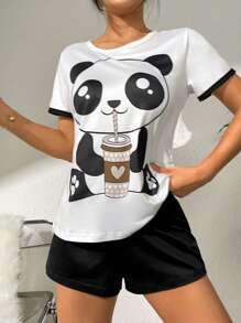 Cartoon Graphic Contrast Binding Lounge Set - Black and White - View 1