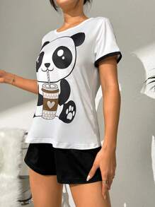 Cartoon Graphic Contrast Binding Lounge Set - Black and White - View 3