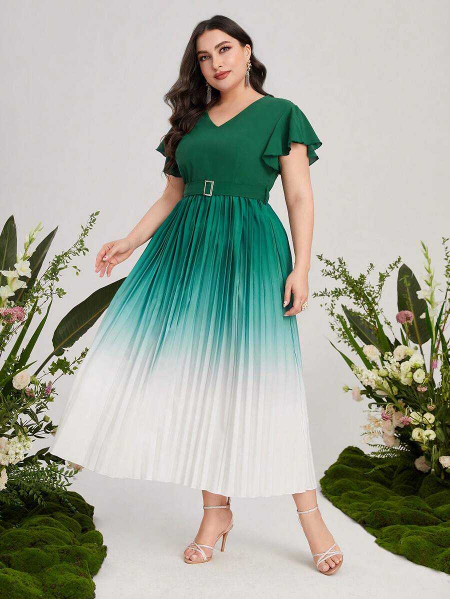 Mulvari 大碼漸層百褶下擺繫腰帶洋裝 - 綠色 - 查看 1