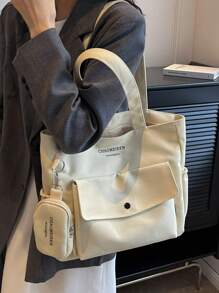 Conjunto de 2 piezas: Bolso de hombro de lona de moda con monedero, gran capacidad, múltiples bolsillos, estilo casual para uso diario, bolso de mano con diseño de letras, adecuado para estudiantes universitarios y estilo callejero