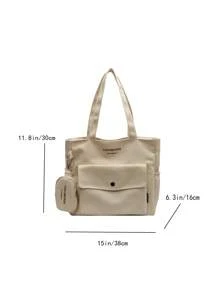 Conjunto de 2 piezas: Bolso de hombro de lona de moda con monedero, gran capacidad, múltiples bolsillos, estilo casual para uso diario, bolso de mano con diseño de letras, adecuado para estudiantes universitarios y estilo callejero