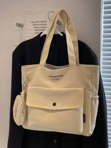 Conjunto de 2 piezas: Bolso de hombro de lona de moda con monedero, gran capacidad, múltiples bolsillos, estilo casual para uso diario, bolso de mano con diseño de letras, adecuado para estudiantes universitarios y estilo callejero