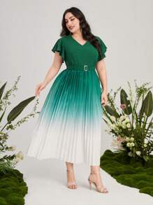 Mulvari 大碼漸層百褶下擺繫腰帶洋裝 - 綠色 - 查看 4