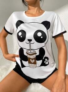 Cartoon Graphic Contrast Binding Lounge Set - Black and White - View 5