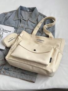 Conjunto de 2 piezas: Bolso de hombro de lona de moda con monedero, gran capacidad, múltiples bolsillos, estilo casual para uso diario, bolso de mano con diseño de letras, adecuado para estudiantes universitarios y estilo callejero