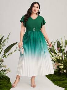 Mulvari 大碼漸層百褶下擺繫腰帶洋裝 - 綠色 - 查看 5