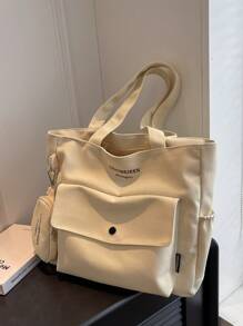 Conjunto de 2 piezas: Bolso de hombro de lona de moda con monedero, gran capacidad, múltiples bolsillos, estilo casual para uso diario, bolso de mano con diseño de letras, adecuado para estudiantes universitarios y estilo callejero