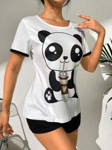 Cartoon Graphic Contrast Binding Lounge Set - Black and White - View 6