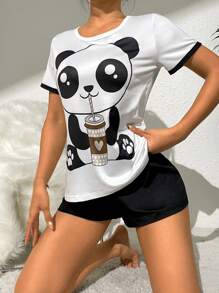 Cartoon Graphic Contrast Binding Lounge Set - Black and White - View 7