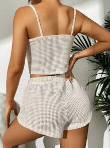 Solid Waffle Knit Cami Top & Shorts Lounge Set - Apricot - View 2