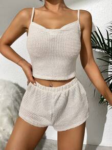 Solid Waffle Knit Cami Top & Shorts Lounge Set - Apricot - View 1