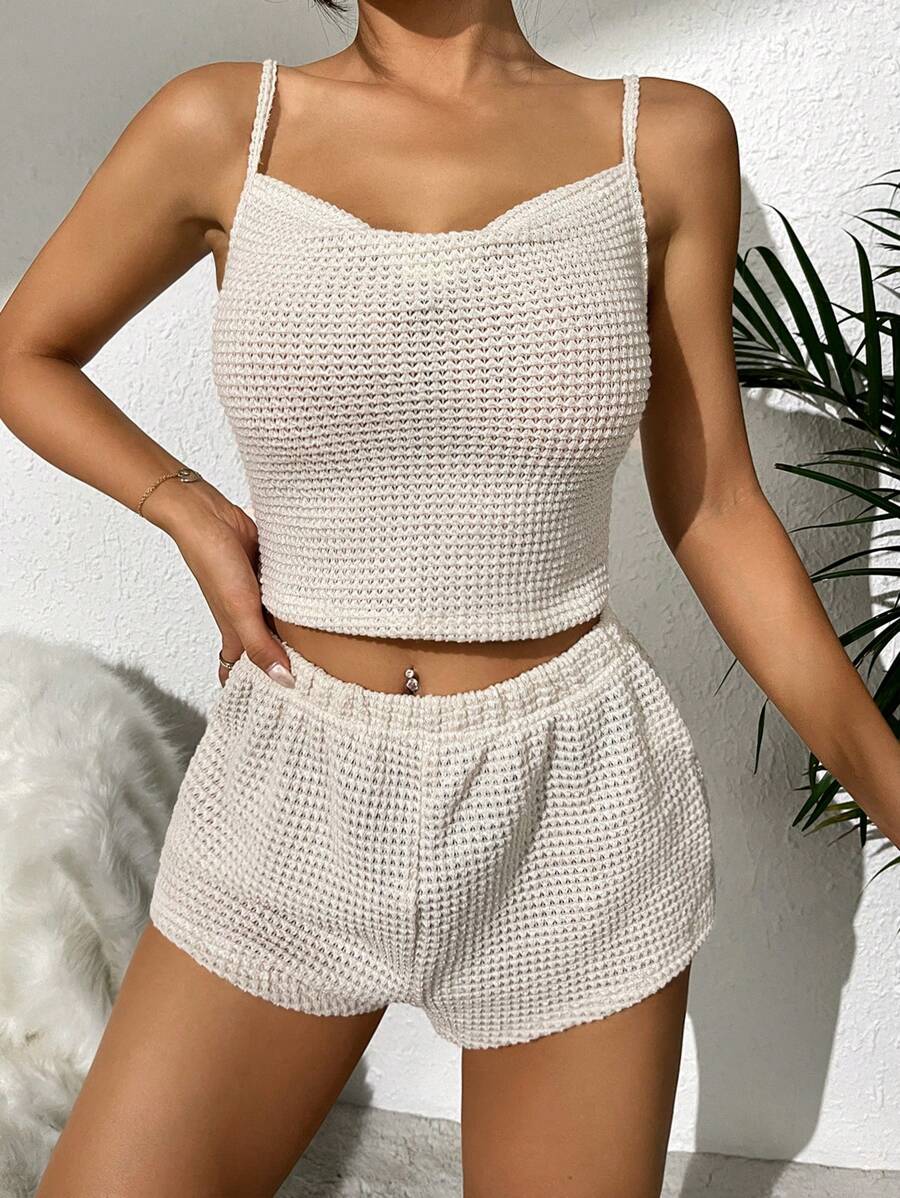 Solid Waffle Knit Cami Top & Shorts Lounge Set - Apricot - View 1