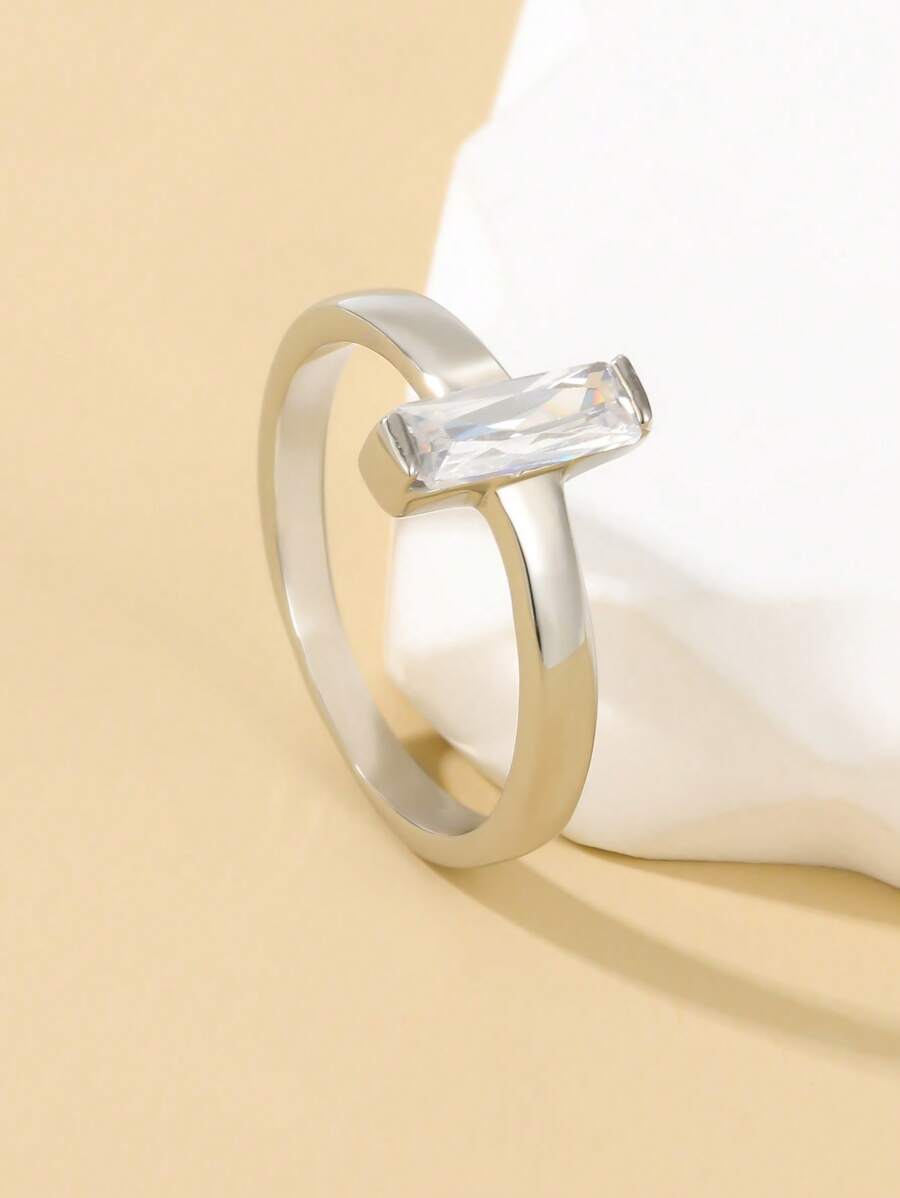 方晶鋯石方形裝飾戒指 - 銀色 - 查看 1