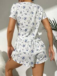 Bộ đồ ngủ Nữ Thắt nút Xù nhỏ Gân đan Hoa - trắng - Xem 2