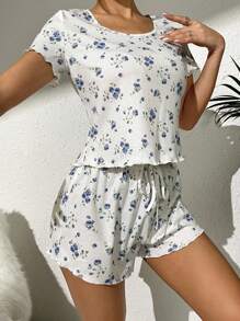 Bộ đồ ngủ Nữ Thắt nút Xù nhỏ Gân đan Hoa - trắng - Xem 4