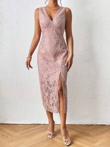 SHEIN LUNE Split Thigh Lace Overlay Dress - Pink - View 1