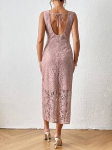 SHEIN LUNE Split Thigh Lace Overlay Dress - Pink - View 2