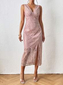 SHEIN LUNE Split Thigh Lace Overlay Dress - Pink - View 3