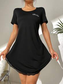 Letter Graphic Lace Trim Pajama Nightdress - Black - View 1