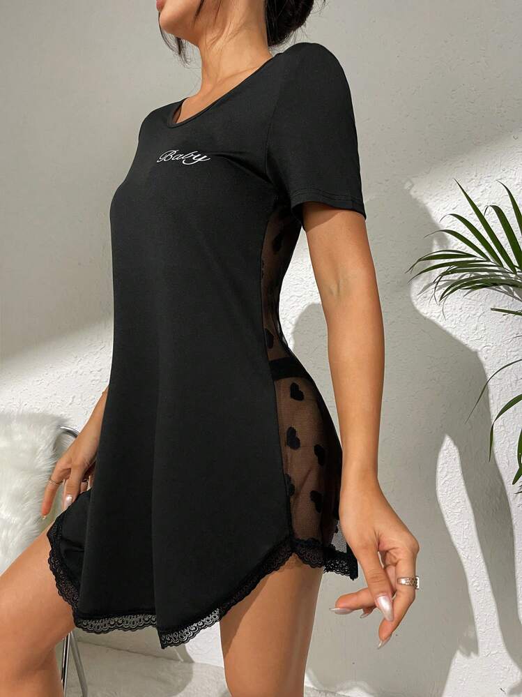 Letter Graphic Lace Trim Pajama Nightdress - Black - View 3