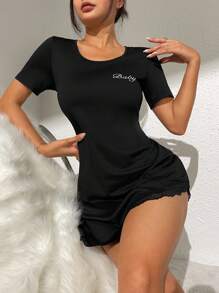 Letter Graphic Lace Trim Pajama Nightdress - Black - View 4