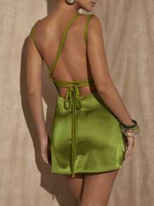 SHEIN VCAY Draped Collar Crisscross Tie Backless Satin Cami Dress