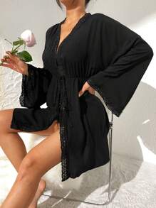 SHEIN Guipure Lace Trim Tie Front Trumpet Sleeve Robe - Black - View 3