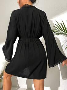 SHEIN Guipure Lace Trim Tie Front Trumpet Sleeve Robe - Black - View 2