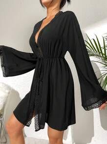 SHEIN Guipure Lace Trim Tie Front Trumpet Sleeve Robe - Black - View 5