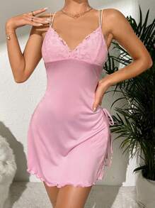Váy ngủ & áo ngủ Nữ Lộ Lưng Thắt nút Tương phản ren Hội Chữ thập màu trơn - Hồng - Xem 1
