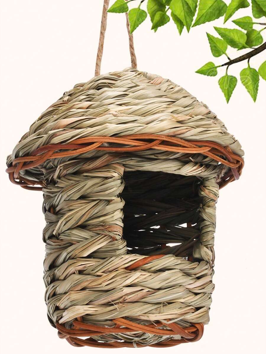 1pc Handmade Natural Round Top Reed Grass Bird Nest Suitable For Parrots And Other Birds - Brown - View 1