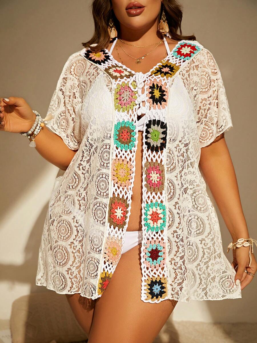 SHEIN Swim Curve Kimono floral de croché con abertura de manga murciélago - Blanco - Ver 1