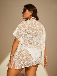 SHEIN Swim Curve Kimono floral de croché con abertura de manga murciélago - Blanco - Ver 2