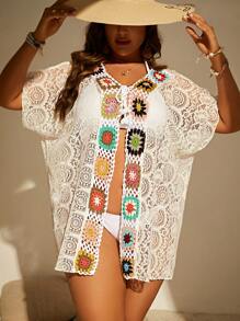 SHEIN Swim Curve Kimono floral de croché con abertura de manga murciélago - Blanco - Ver 3