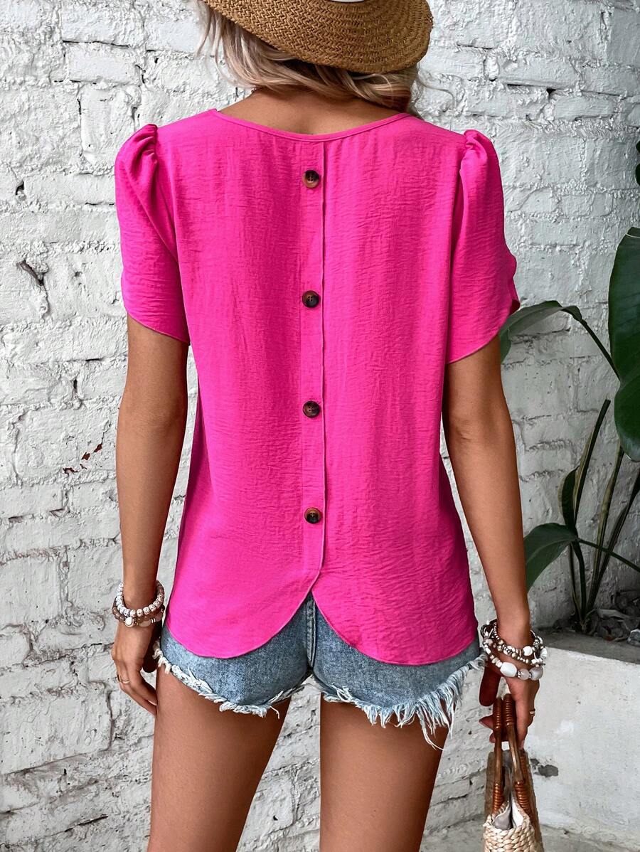 SHEIN LUNE Blusa con botón trasero de manga farol - Rosa - Ver 1