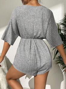 Áo liên quần giản dị Nữ Thắt nút Gân đan màu trơn - Xám - Xem 2