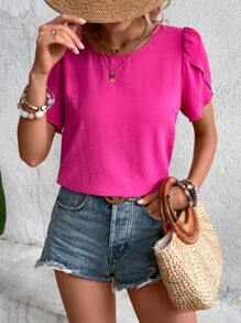 SHEIN LUNE Blusa con botón trasero de manga farol - Rosa - Ver 3