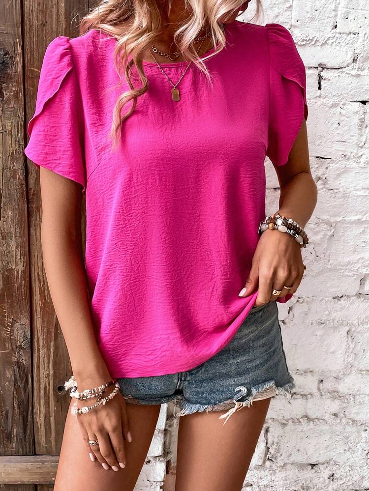 SHEIN LUNE Blusa con botón trasero de manga farol - Rosa - Añade 4