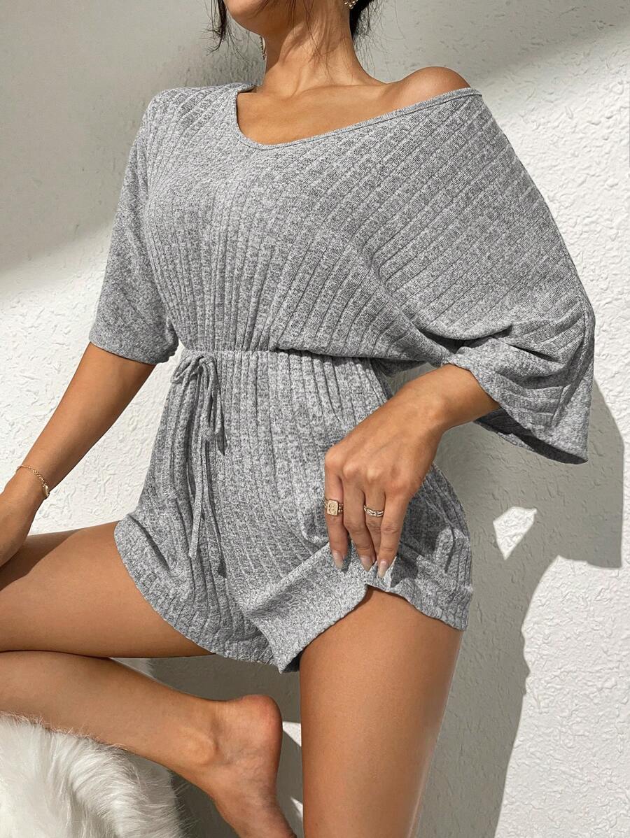 Áo liên quần giản dị Nữ Thắt nút Gân đan màu trơn - Xám - Xem 1