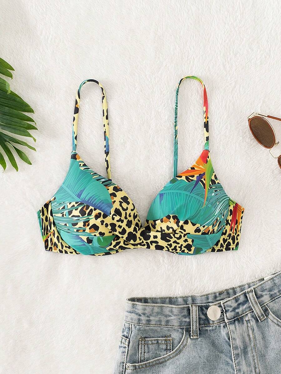 Parte superior de bikini con efecto push-up con estampado de leopardo y tropical para verano - Multicolor - Ver 1