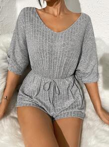 Áo liên quần giản dị Nữ Thắt nút Gân đan màu trơn - Xám - Xem 6