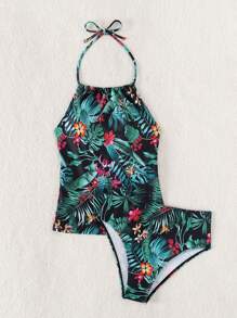 Tankini de verano de cintura alta con estampado tropical y cuello de halter - Multicolor - Ver 4